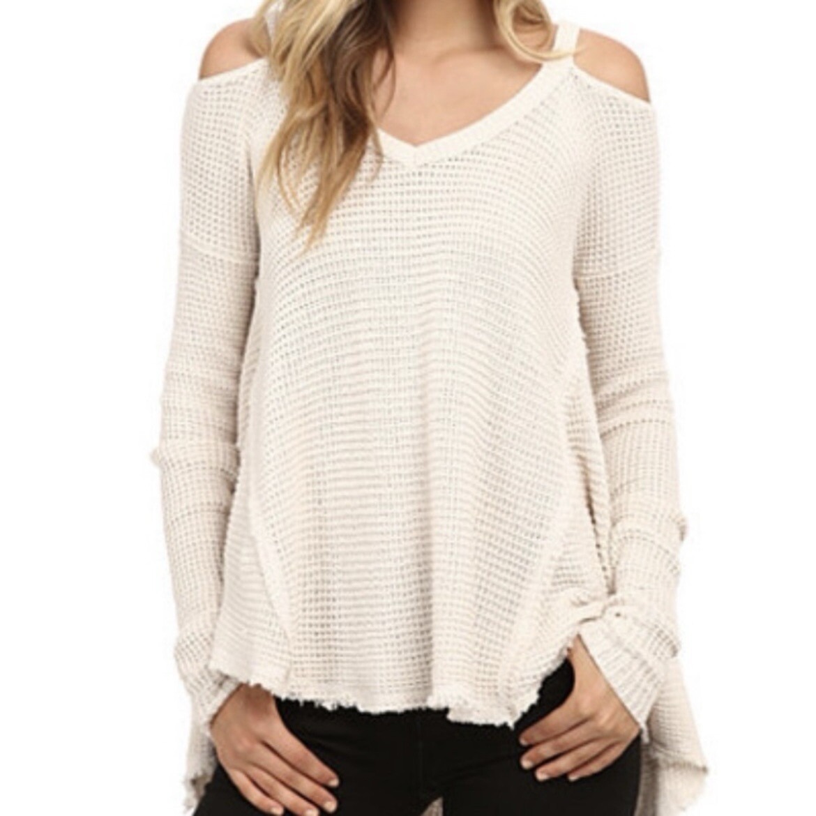 Free People Cream Boho Sweater M Moonshine Oversized Fringe Beach Cold Shoulder
